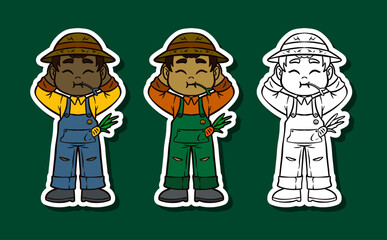 Boy farmer wiping sweat and holding plant stems sticker illustration