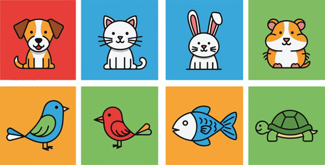 Obraz premium Cute cartoon pets collection dog cat rabbit hamster bird fish turtle vector