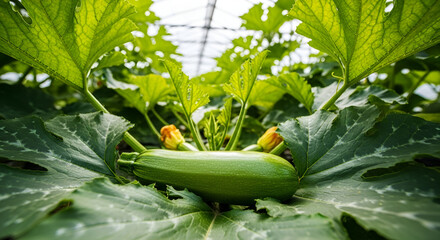 Obraz premium Fresh Zucchini Emerging From Lush Leaves Under Bright Sunlight in a Garden Setting