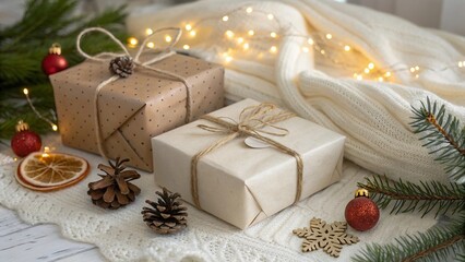 Close-Up of Christmas Gift Boxes with Festive Decorations - 2
