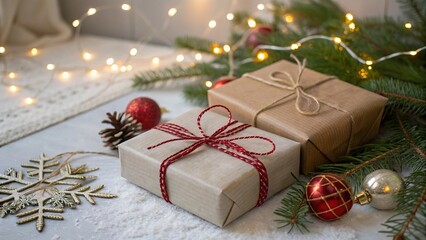 Close-Up of Christmas Gift Boxes with Festive Decorations