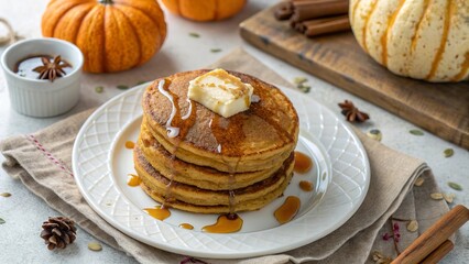 Cozy Stack of Pumpkin Pancakes with Maple Syrup on White Plate - 9