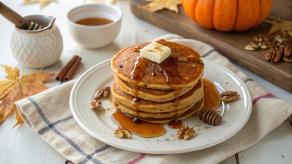 Cozy Stack of Pumpkin Pancakes with Maple Syrup on White Plate - 8