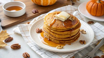Cozy Stack of Pumpkin Pancakes with Maple Syrup on White Plate - 7
