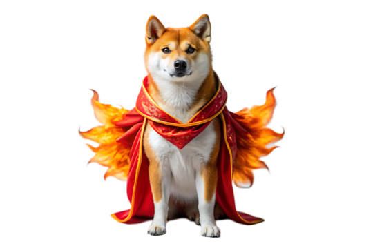 Shiba Inu dog dressed as a fire superhero with a red cape and fiery wings on a transparent background cutout PNG isolated on a transparent background