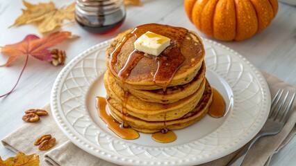 Cozy Stack of Pumpkin Pancakes with Maple Syrup on White Plate - 1