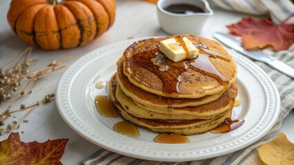 Cozy Stack of Pumpkin Pancakes with Maple Syrup on White Plate