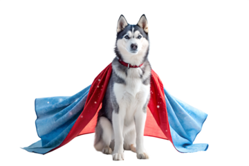 Siberian Husky dog dressed as a superhero with a red and blue cape with snow accents on a transparent background cutout PNG isolated on a transparent background