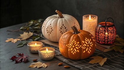 Decorative Pumpkins and Candles on Dark Background, Copy Space - 6