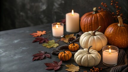 Decorative Pumpkins and Candles on Dark Background, Copy Space - 5
