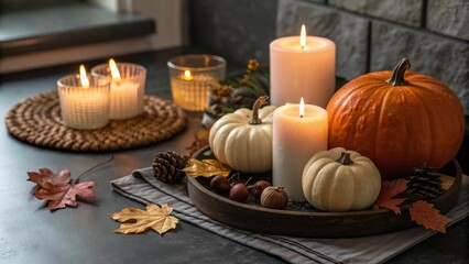 Decorative Pumpkins and Candles on Dark Background, Copy Space - 4