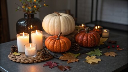 Decorative Pumpkins and Candles on Dark Background, Copy Space - 2
