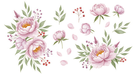 Obraz premium Illustration of watercolor pink peonies and green leaves floral elements, isolated on transparent background