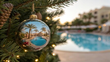Glass Christmas Ornament Reflecting Tropical Resort and Palm Trees - 9
