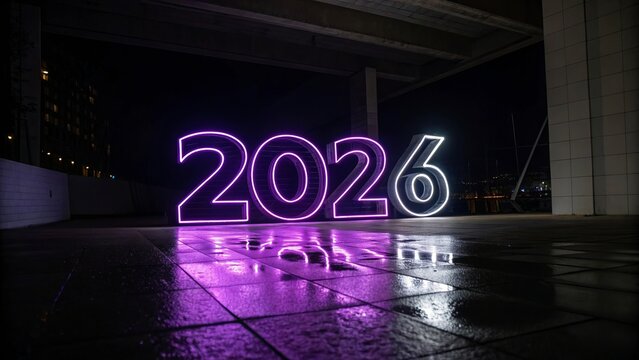 Futuristic 2026 Neon Numbers in Purple on Black Background - 1 - Powered by Adobe