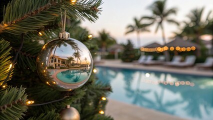 Glass Christmas Ornament Reflecting Tropical Resort and Palm Trees - 1