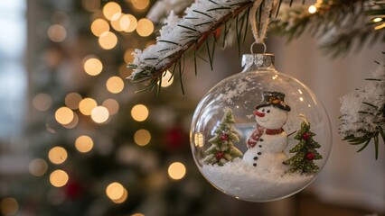 Glass Ornament with Snowman and Pine Branches Against Christmas Tree Lights - 9
