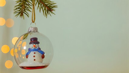 Glass Ornament with Snowman and Pine Branches Against Christmas Tree Lights - 7