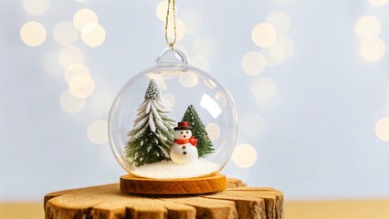 Glass Ornament with Snowman and Pine Branches Against Christmas Tree Lights - 1