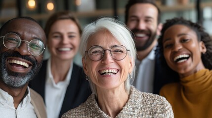 multiracial business people celebrating together inside office focus on center senior woman face no logos no brands ar 169