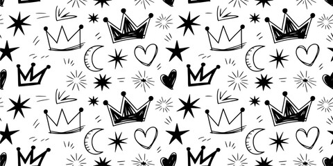 Hand drawn crown heart stars moon seamless pattern black and white Vector illustration