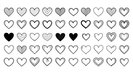 Set of 36 hand drawn hearts love Valentines day design elements Vector illustration Isolated on whit