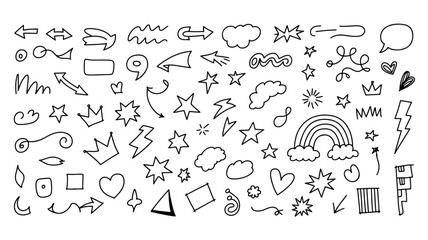 Hand drawn doodle vector icons set for web design Black and white elements collection Simple line ar