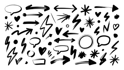 Hand drawn doodle arrows and elements set Black and white design Vector illustration Isolated on whi