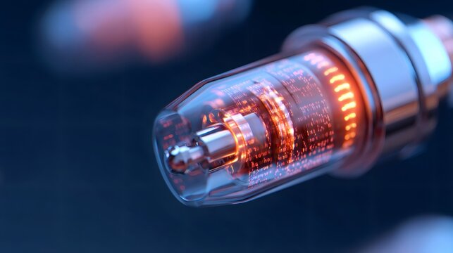Close up of vacuum tube with glowing data. Retro technology and modern data transfer concept for high speed internet.