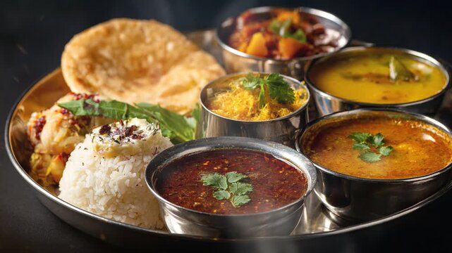 Thali north indian or south indian style on black background with smoke