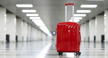 A vibrant red suitcase stands in a long, bright airport corridor, ready for travel.