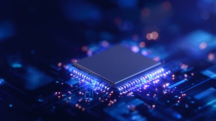 Microchip on circuit board. Processor with blue light. Digital technology data flow. Artificial intelligence and computer engineering concept.