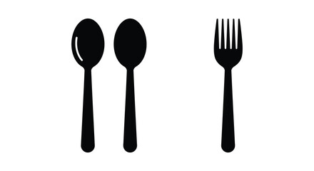 Simple black flatware illustration displaying a spoon and fork silhouette