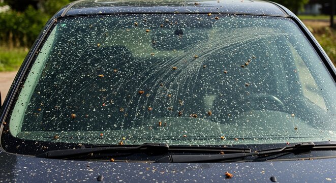 Dirty car windshield covered in bugs and splatter, needing a wash