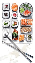 Colorful sushi illustration on white paper