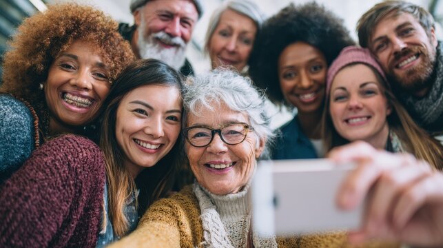 group of multigenerational people taking selfie with phone camera  multiracial friends of different ages having fun together  main focus on asian woman face no logos no brands ar 169