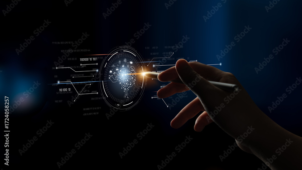 Poster ai artificial intelligence with digital brain and connected data circuit. ai core processes data, ai