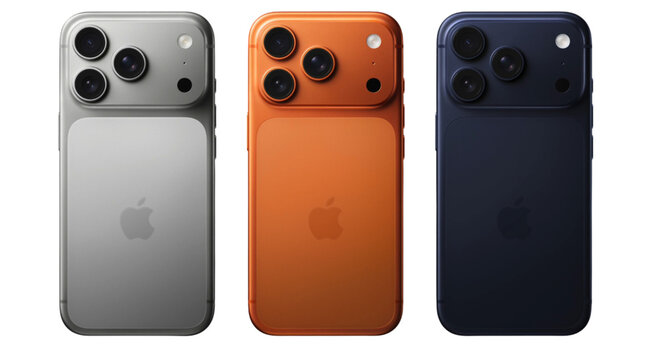 Apple iPhone Pro 17 smartphones in three colors back view isolated on white background
