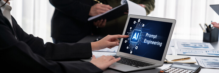 Panorama shot analyst team utilizing BI Fintech to analyze financial report with laptop....