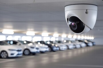 Surveillance in the Garage: A security camera oversees a line of parked vehicles in an indoor parking area. Highlighting safety and protection.