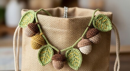 Fall themed crocheted garland with acorns and leaves on rustic bag decoration