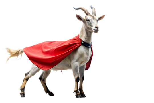 Goat Wearing Red Cape Standing Still on Transparent Background animal flowing cape cutout PNG isolated on a transparent background