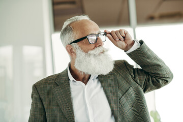 Confident senior businessman with glasses in formal attire looking focused in an office environment