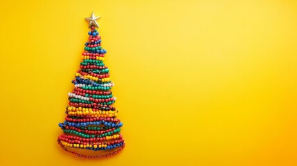 Colorful Beaded Christmas Tree - Festive Christmas tree crafted from colorful beads on a yellow background. Perfect for holiday cards, websites, and social media