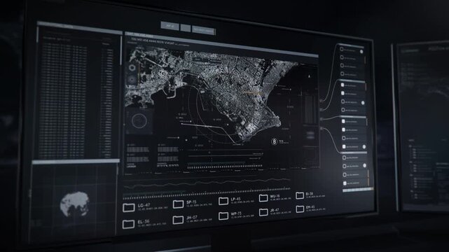 The government special forces are analyzing radical activity detected in Latakia, Syria. With modern radar technology they find new locations of terrorist groups. Military defense protocols. UI