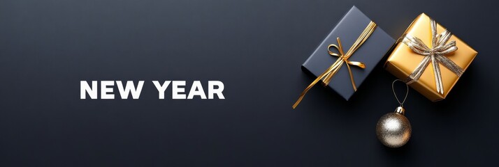 Elegant New Year Gifts and Ornament - Two elegantly wrapped gifts, one gold and one dark gray, with a gold ornament, on a dark gray background. Perfect for New Year's greetings