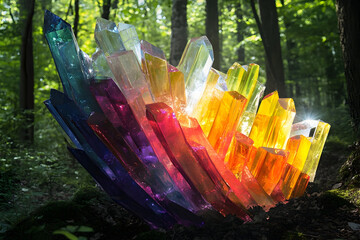 Rainbow glass sculpture in a dense forest setting