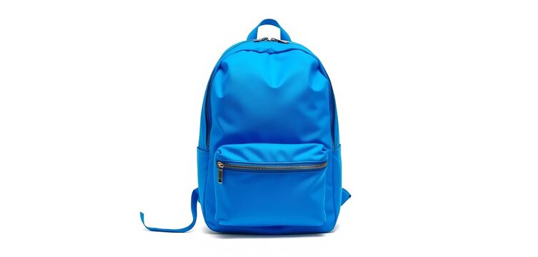 A vibrant blue backpack, unzipped and open, isolated on a pure white background, storage, school bag