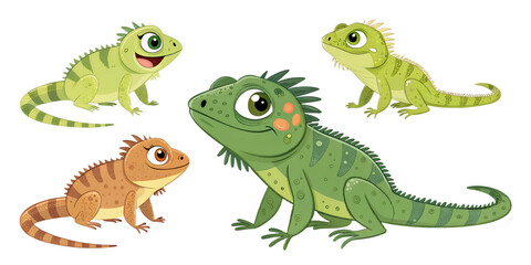 Obraz premium Various Iguanas PNG – Cartoon and Realistic Iguana Illustrations on Transparent Background