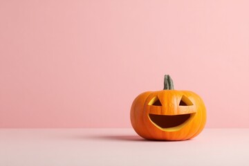 Cheerful pumpkin with smiling face against soft pink backdrop